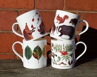 Woodland China Mug designs with illustrations by Alice Draws The Line; Autumn, Beech Leaves, Woodland Animals & Hedgehogs Juggling Rosehips