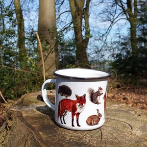 Enamel Mug; Woodland Animal illustrations by Alice Draws The line; a camping, hiking, walking, countryside tin cup to accompany your flask!