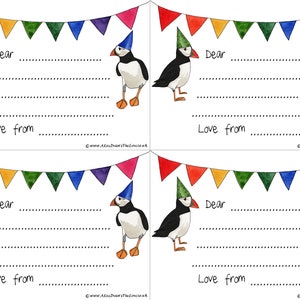 Cartoline stampabili Puffin Rainbow di Alice Draws the Line - 4 cartoline su una pagina scaricabile A4, stamina arcobaleno, cartoline per bambini
