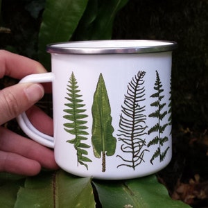 Enamel Mug; Fern and Bracken illustrations by Alice Draws The line; a camping, hiking, walking, countryside tin cup to accompany your flask!