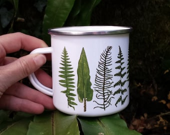 Enamel Mug; Fern and Bracken illustrations by Alice Draws The line; a camping, hiking, walking, countryside tin cup to accompany your flask!