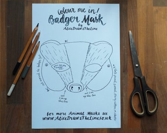 Colour in Badger mask by Alice Draws the Line -a woodland animal face that you download, print, colour in, cut out & dress up in!Badger mask