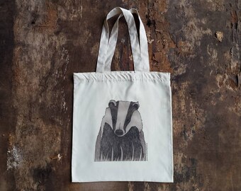 Badger print tote bag by Alice Draws The Line, 100% recycled, reusable bag. A choice of designs available including botanical illustrations