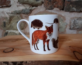 Woodland Animals China Mug design with illustrations by Alice Draws The Line; Fox, Badger, Hare, Rabbit, Mouse, Hedgehog, Red Squirrel