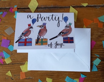 Party of Jays Greeting Card featuring three birds with party hats and presents, perfect for a party invitation! By Alice Draws The Line