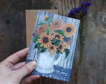 Sunflowers card by Alice Draws the Line, a bouquet of sunflowers and statice displayed in a white jug, botanical illustration blank inside