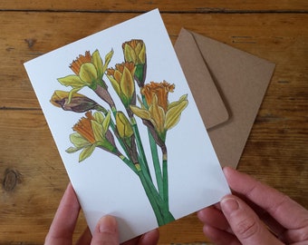 Daffodils card by Alice Draws The Line featuring botanical illustrations of a daffodil bouquet - blank inside. Easter card, Spring flowers,