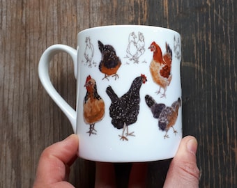 Chickens Mug with illustrations by Alice Draws The Line. China tea or coffee cup with a range of illustrated chickens on