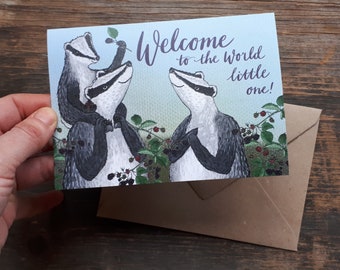 Welcome to the world little one! New baby card by Alice Draws the Line, featuring a badger family