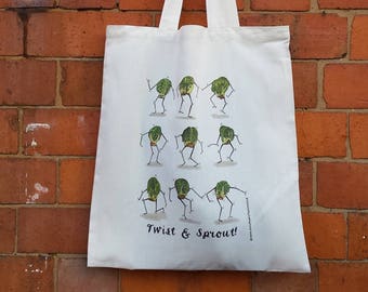 Twist and sprout Tote bag by Alice Draws The Line, 100% recycled, reusable bag. Humourous Sprout design