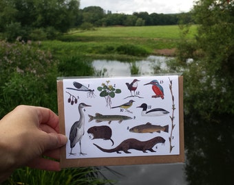 The River Greeting Card by Alice Draws The Line featuring a range of flora and fauna that you might find on or in the River or on the banks