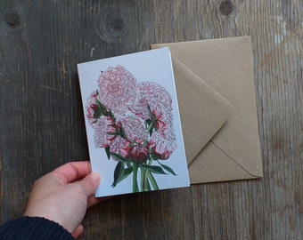 Carte de vœux Bouquet de pivoines avec illustration botanique d'Alice Draws The Line ; idéal anniversaire, mariage, carte de fiançailles, vierge à l'intérieur