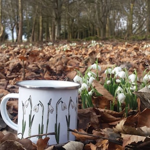 Enamel Mug; Snowdrop Flower illustrations by Alice Draws The line; a camping, hiking, walking essential tin cup to accompany your flask!