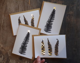 Printed bracken Christmas Trees with Gold foil detail by Alice Draws the Line, Mixed pack of 4 or individual designs. Fern Christmas