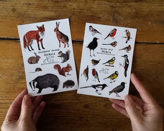 Woodland Animals or Garden bird sticker sheets by Alice Draws The Line;  great for children's birthday party bags/ favours.A6 sticker sheets