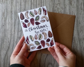 It's Christmas ...Go Nuts! Christmas Card packs by Alice Draws The Line: featuring illustrations of a range of nuts. Humorous Christmas card