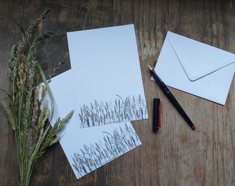 Summer Grasses A5 letter paper by Alice Draws The Line, recycled paper & envelope. Featuring illustrations of meadow grasses as a footer