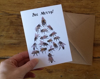 Bee Merry! Christmas Cards with Honey Bee illustrations by Alice Draws the Line;with bees in a tree formation&type..Pack of 4 / individually