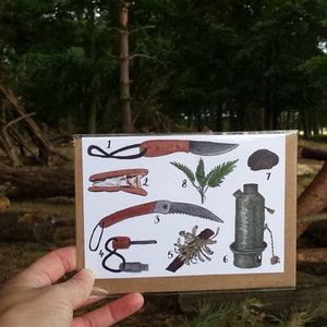 Bushcraft Greeting Card by Alice Draws The Line featuring illustrations of items you might use or make if you are a bushcraft fan!