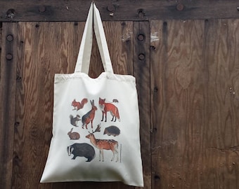 Woodland Animals bag by Alice Draws The Line, 100% recycled, reusable tote bag. Many designs available including botanical illustrations