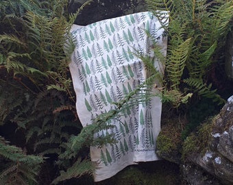 Ferns and Bracken Tea Towel by Alice Draws The Line shop unbleached organic cotton tea towel, Fern botanical illustration repeating pattern