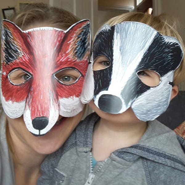 Fox mask or Badger mask by Alice Draws the Line - illustrated woodland animal face to cut out, assemble and dress up in! children or adults