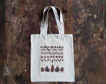 Autumn Treasures tote bag by Alice Draws The Line, 100% recycled, reusable bag. Many designs available including botanical illustrations