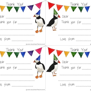 Imprimables cartes de remerciement par Alice dessine la ligne 4 invitations sur une feuille avec Puffin - illustrations bunting sur une page téléchargeable A4