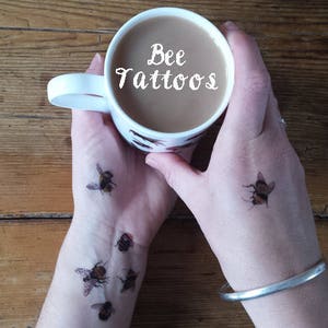 Bee Temporary Tattoos by Alice Draws The Line;adorn yourself in illustration; a mini-sheet of 10 temporary bee tattoos. Bee gift