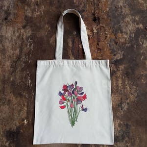 Sweet Peas Bouquet bag by Alice Draws The Line, 100% recycled, reusable bag. A choice of designs available including botanical illustrations