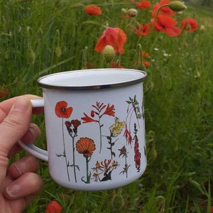 Enamel Mug; Flower illustrations by Alice Draws The line; a camping, hiking, walking, countryside essential tin cup to accompany your flask!