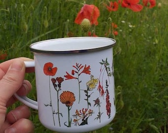 Enamel Mug; Flower illustrations by Alice Draws The line; a camping, hiking, walking, countryside essential tin cup to accompany your flask!