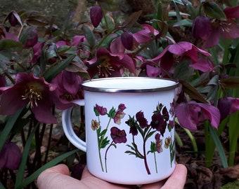 Enamel Mug with Hellebore illustrations by Alice Draws The line; a camping, hiking, gardening tin cup to use outdoors! Christmas roses