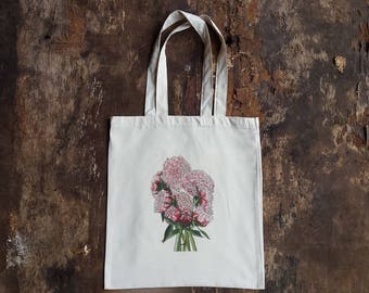 Peony Bouquet bag by Alice Draws The Line, 100% recycled, reusable bag. A choice of designs available including botanical illustrations