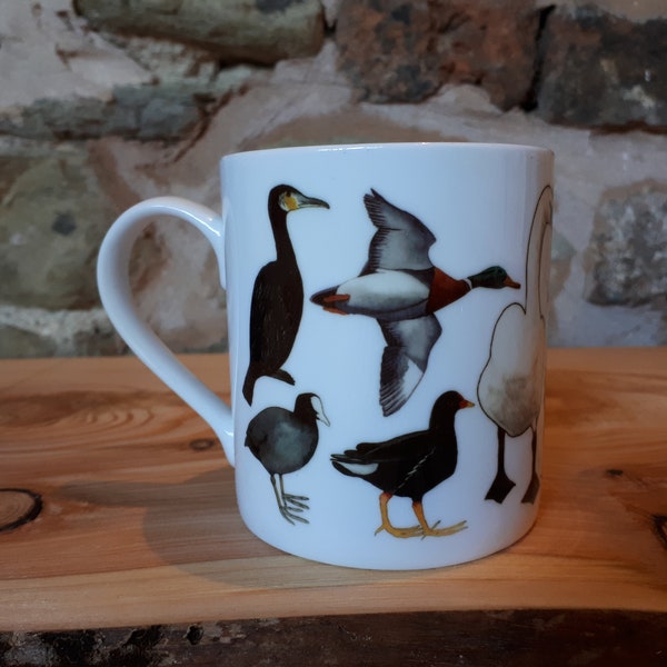 Ducks and Friends China Mug by Alice Draws the Line, featuring illustrations of feathered friends from ponds or meres