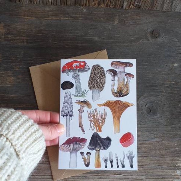 Pilz Grußkarte von Alice Draws The Line mit einer Reihe von Pilz- / Pilzillustrationen, innen blanko, passend für jeden Anlass