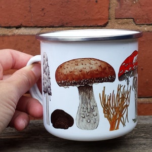Enamel Mug; Fungi / Mushroom illustrations by Alice Draws The line; a camping, hiking, walking, countryside tin cup to accompany your flask!