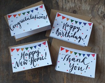 Bunting Celebration card collection by Alice Draws The Line, Hand lettering Happy Birthday, Congratulations, Thank You and Happy New Home!