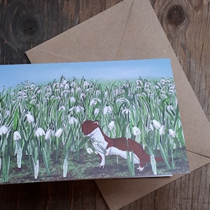Stoat-ally devoted Stoat with a paw-full of snowdrops Valentines Day (or anytime) card, blank inside by Alice Draws the Line