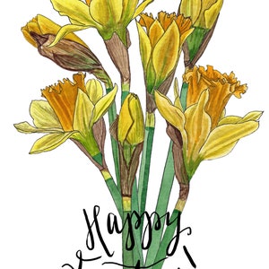 Happy Easter E-Card von Alice Draws the Line - ein herunterladbares Bild eines Straußes narzisssen mit den Worten "Happy Easter" darunter.