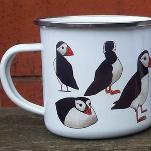 Enamel Mug; Puffin illustrations by Alice Draws The line; a camping, hiking, walking, seaside / coastal tin cup to accompany your flask!