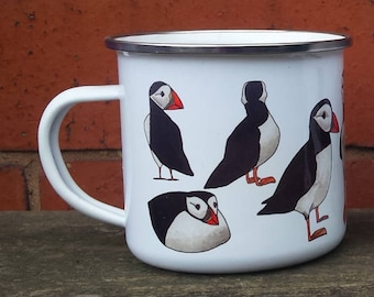 Enamel Mug; Puffin illustrations by Alice Draws The line; a camping, hiking, walking, seaside / coastal tin cup to accompany your flask!