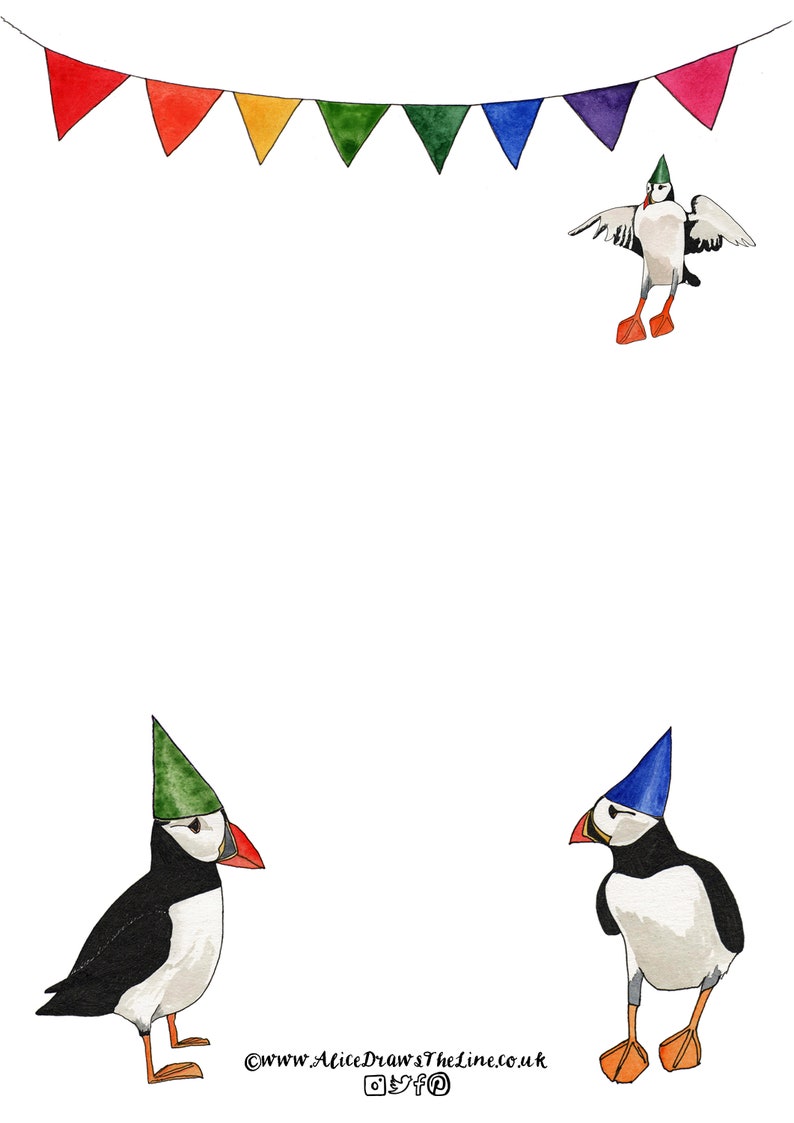 Printable Puffin A4 Puffin Paper with rainbow bunting ideal | Etsy