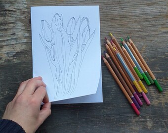 Colour in Tulip card by Alice Draws the Line -print onto A4 card, fold in half and colour in. Perfect for Easter, adults or children