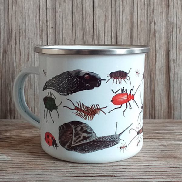 Enamel Bug Mug! illustrations of bugs, insects and mini bests by Alice Draws The line; an essential tin cup for children or mini-beast fans!