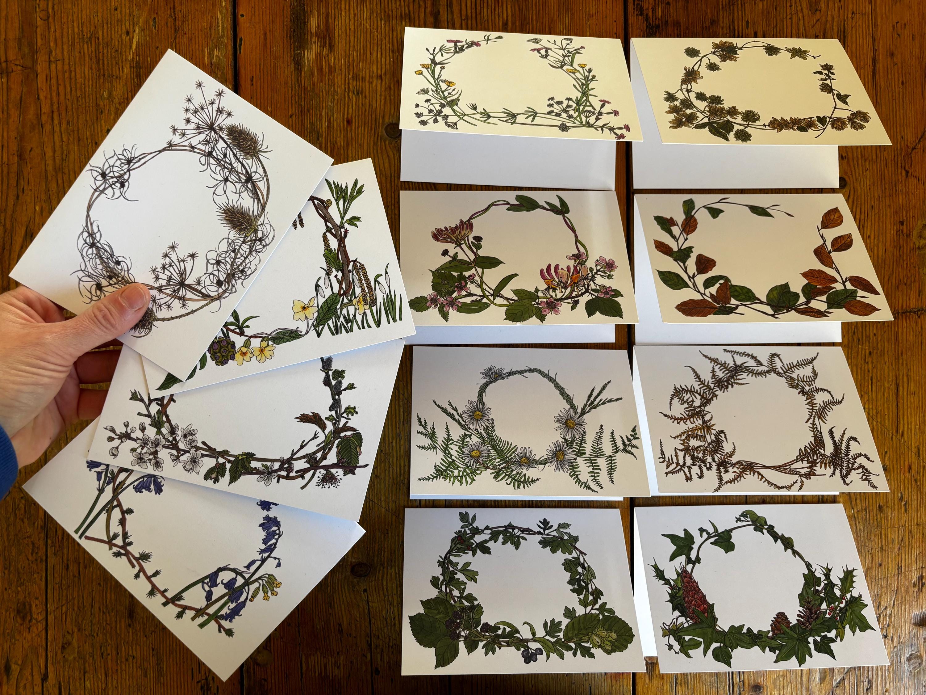 Seasonal botanical cards, each with illustrated flora found that month, set of 12 correspondence cards or individual cards