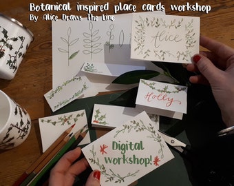 Botanical inspired place cards workshop (digital) with Alice Draws the Line, a video workshop to create a fun festive table for Christmas!