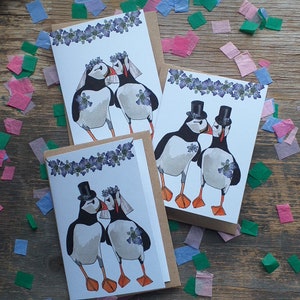 Puffin Wedding cards by Alice Draws The Line Featuring two illustrated Puffins wearing wedding accessories + hydrangeas & hydrangea bunting