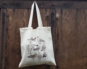 Seagulls Tote bag by Alice Draws The Line, 100% recycled, reusable bag. A choice of designs available including botanical illustrations