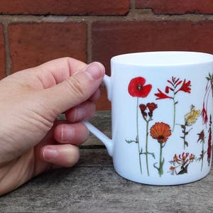 Rainbow of Flowers China Mug design with illustrations by Alice Draws The Line; a rainbow of botanical flower illustrations on a China cup